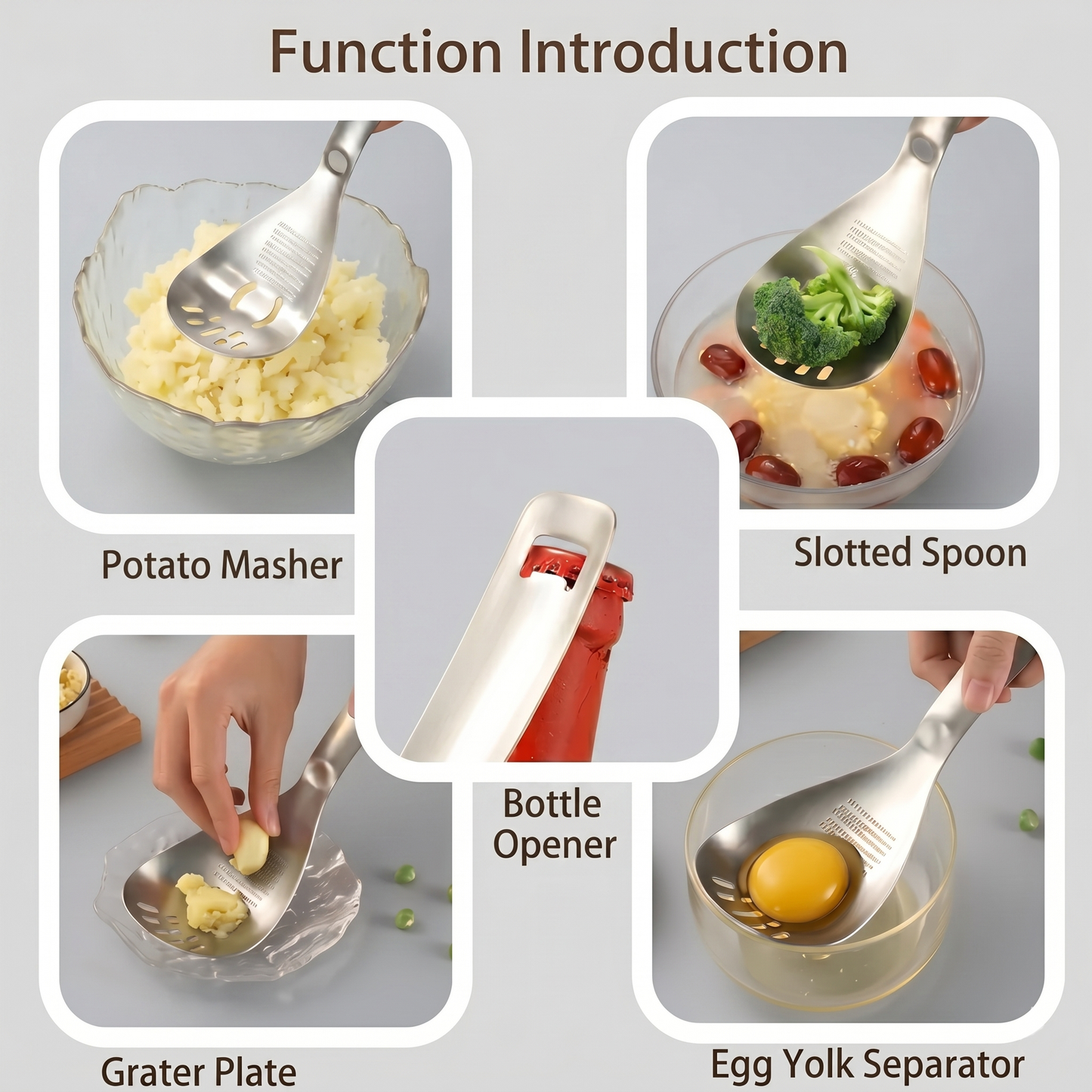 🥄Ultimate Multi-purpose Kitchen Spoon | Pro-Grade 304 Stainless Steel Grater, Masher, Pasta Server & More⭐